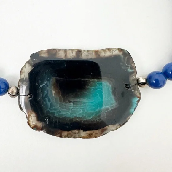 NWT Genuine Lapis Lazuli, Agate, Pearls & Glass Beads Necklace Blue White